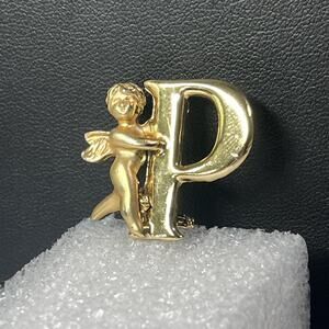 L Razza Vintage Angel Cherub Initial Brooch Letter P Gold Tone “Peace/Prayer”